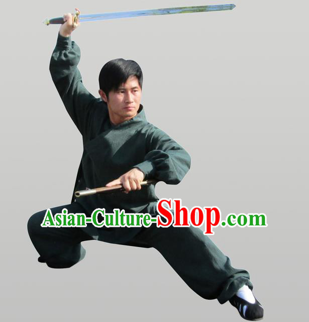 Traditional Chinese Wudang Uniform Taoist Uniform Thicken Linen Slant Opening Priest Frock Complete Set Kungfu Kung Fu Clothing Clothes Pants Slant Opening Shirt Supplies Wu Gong Outfits, Chinese Tang Suit Wushu Clothing Tai Chi Suits Uniforms for Men