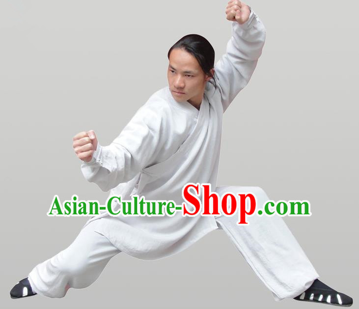 Traditional Chinese Wudang Uniform Taoist Uniform Thicken Linen Slant Opening Priest Frock Complete Set Kungfu Kung Fu Clothing Clothes Pants Slant Opening Shirt Supplies Wu Gong Outfits, Chinese Tang Suit Wushu Clothing Tai Chi Suits Uniforms for Men