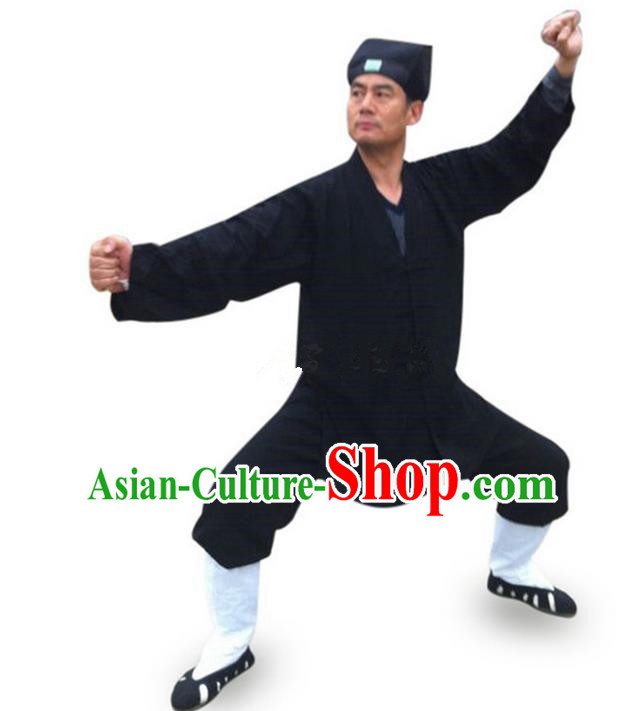 Traditional Chinese Wudang Uniform Taoist Uniform Linen Slant Opening Priest Frock Complete Set Kungfu Kung Fu Clothing Clothes Pants Slant Opening Shirt Supplies Wu Gong Outfits, Chinese Tang Suit Wushu Clothing Tai Chi Suits Uniforms for Men