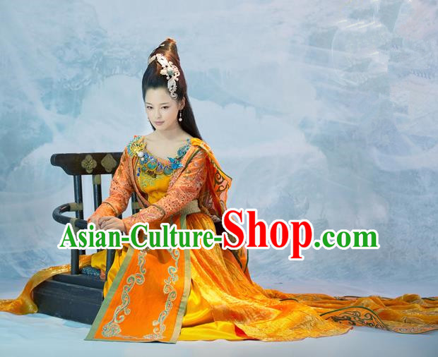 Traditional Chinese Minority Nationality Costumes Ancient Imperial Princess Wedding Costumes, Ancient Chinese Cosplay Queen Princess Embroidery Costume and Hair Accessories Complete Set for Women