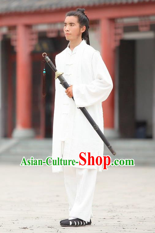 Traditional Chinese Wudang Uniform Taoist Uniform Linen Slant Opening Priest Frock Complete Set Kungfu Kung Fu Clothing Clothes Pants Slant Opening Shirt Supplies Wu Gong Outfits, Chinese Tang Suit Wushu Clothing Tai Chi Suits Uniforms for Men