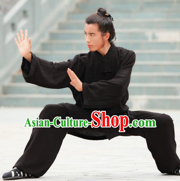 Traditional Chinese Wudang Uniform Taoist Uniform Linen Priest Frock Complete Set Kungfu Kung Fu Clothing Clothes Pants Slant Opening Shirt Supplies Wu Gong Outfits, Chinese Tang Suit Wushu Clothing Tai Chi Suits Uniforms for Men