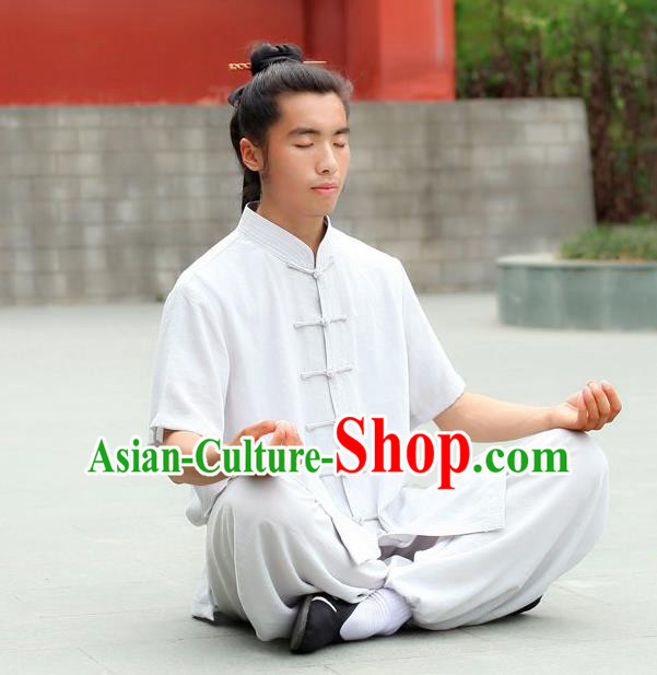 Traditional Chinese Wudang Uniform Taoist Uniform Priest Frock Complete Set Linen Kungfu Kung Fu Short Sleeve Clothing Clothes Pants Slant Opening Shirt Supplies Wu Gong Outfits, Chinese Tang Suit Wushu Clothing Tai Chi Suits Uniforms for Men