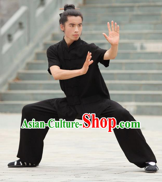 Traditional Chinese Wudang Uniform Taoist Uniform Priest Frock Complete Set Linen Kungfu Kung Fu Short Sleeve Clothing Clothes Pants Slant Opening Shirt Supplies Wu Gong Outfits, Chinese Tang Suit Wushu Clothing Tai Chi Suits Uniforms for Men