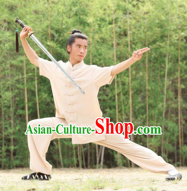 Traditional Chinese Wudang Uniform Taoist Uniform Priest Frock Complete Set Linen Kungfu Kung Fu Short Sleeve Clothing Clothes Pants Slant Opening Shirt Supplies Wu Gong Outfits, Chinese Tang Suit Wushu Clothing Tai Chi Suits Uniforms for Men