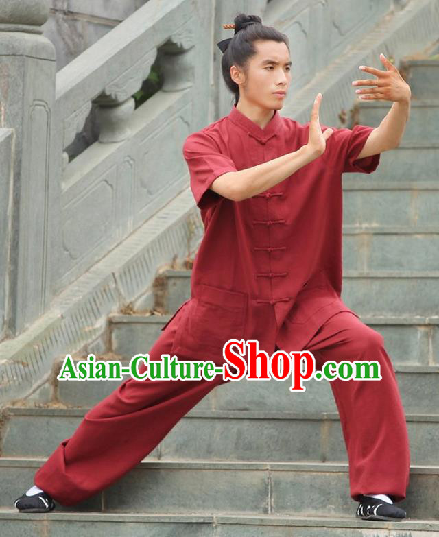 Traditional Chinese Wudang Uniform Taoist Uniform Priest Frock Complete Set Linen Kungfu Kung Fu Short Sleeve Clothing Clothes Pants Slant Opening Shirt Supplies Wu Gong Outfits, Chinese Tang Suit Wushu Clothing Tai Chi Suits Uniforms for Men