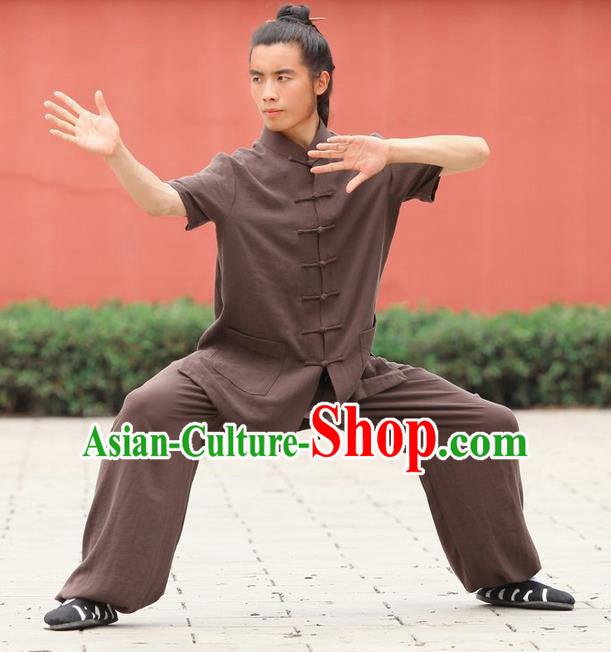 Traditional Chinese Wudang Uniform Taoist Uniform Priest Frock Complete Set Linen Kungfu Kung Fu Short Sleeve Clothing Clothes Pants Slant Opening Shirt Supplies Wu Gong Outfits, Chinese Tang Suit Wushu Clothing Tai Chi Suits Uniforms for Men