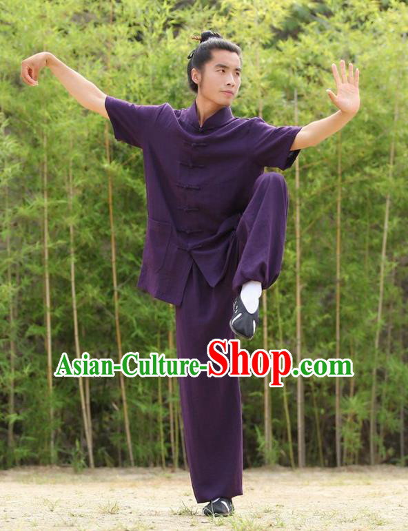 Traditional Chinese Wudang Uniform Taoist Uniform Priest Frock Complete Set Linen Kungfu Kung Fu Short Sleeve Clothing Clothes Pants Slant Opening Shirt Supplies Wu Gong Outfits, Chinese Tang Suit Wushu Clothing Tai Chi Suits Uniforms for Men