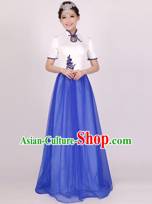 Traditional Chinese Classical Blue and White Porcelain Modern Dance Cheongsam Dress, Yangge Fan Dancing Costume Chorus Suits, Folk Dance Yangko Costume for Women