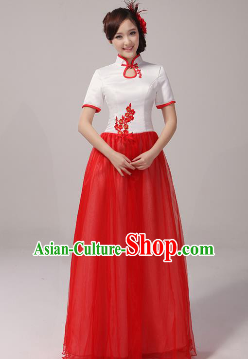 Traditional Chinese Classical Blue and White Porcelain Modern Dance Cheongsam Dress, Yangge Fan Dancing Costume Chorus Suits, Folk Dance Yangko Costume for Women