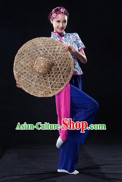 Traditional Chinese Classical Yangko Blue and White Porcelain Dance Clothing, Yangge Fan Dancing Costume Suits, Folk Dance Yangko Costume for Women