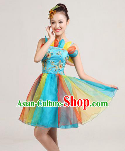 Traditional Chinese Classical Modern Dance Colorful Bubble Dress, Yangge Fan Dancing Costume Umbrella Dance Suits, Folk Dance Yangko Costume for Women