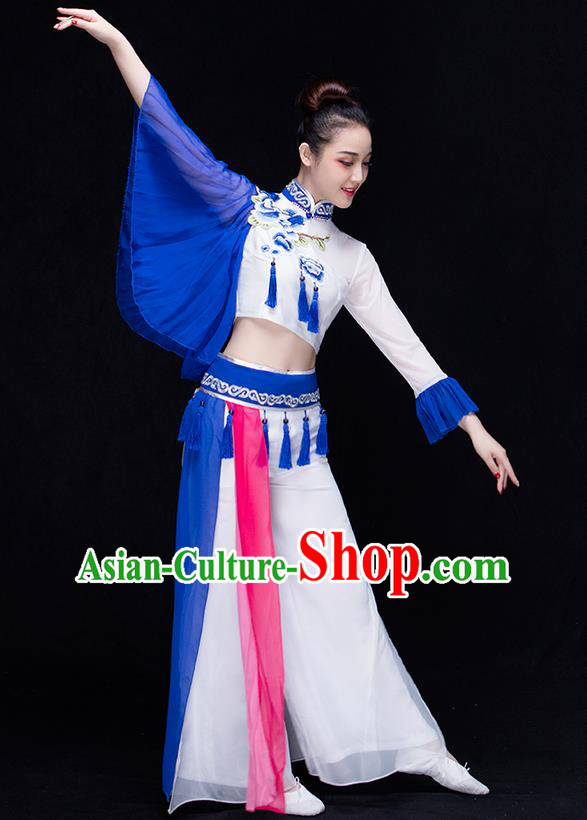 Traditional Chinese Classical Yangko Water-Sleeve Dance Blue and White Porcelain Dress, Yangge Fan Dancing Costume Umbrella Dance Suits, Folk Dance Yangko Costume for Women