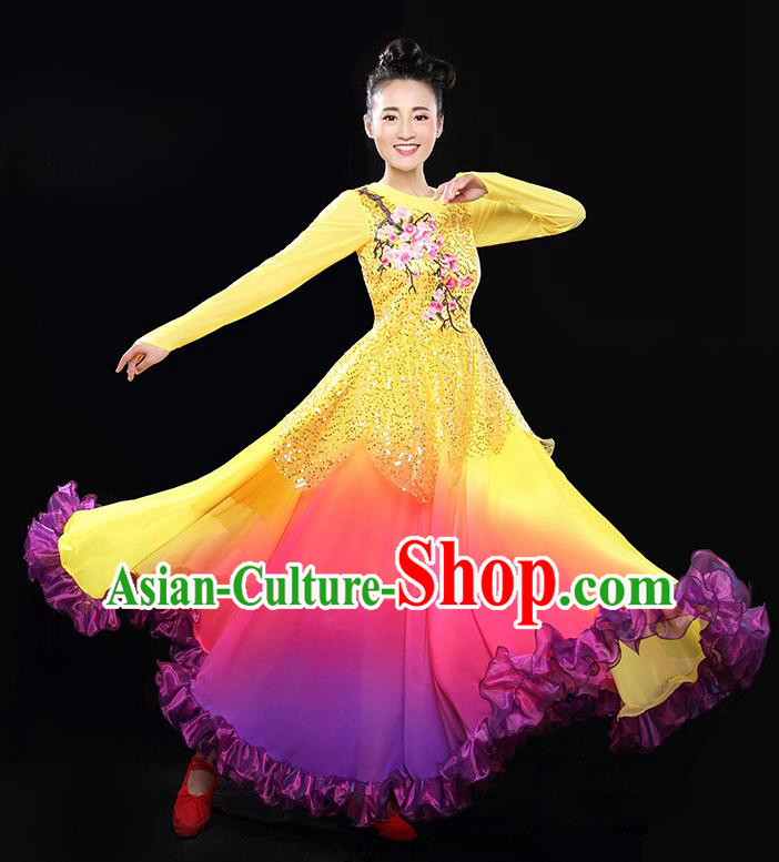 Traditional Chinese Classical Yangko Modern Dance Gradient Dress, Opening Dancing Costume Umbrella Dance Suits, Folk Dance Yangko Costume for Women