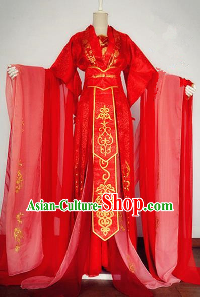 Traditional Chinese Ancient Princess Red Costumes, Chinese Han Dynasty Imperial Princess Wedding Bride Embroidery Clothes Complete Set for Women