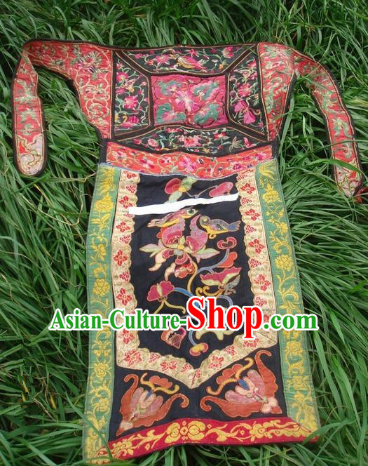 Traditional Chinese Miao Nationality Dancing Costume Apron, Hmong Female Folk Dance Ethnic Pinafore, Chinese Minority Nationality Handmade Embroidery Waist Pack for Women