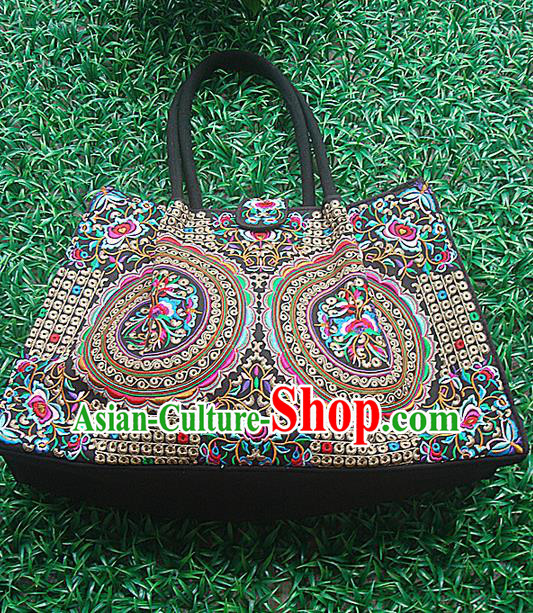Traditional Chinese Miao Nationality Palace Handmade Double-Sided Embroidery Handbag Hmong Handmade Embroidery Canvas Bags for Women