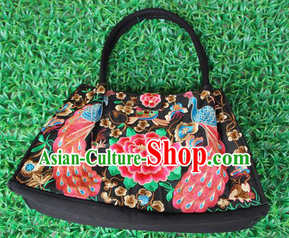 Traditional Chinese Miao Nationality Palace Handmade Double-Sided Embroidery Peacock Peony Handbag Hmong Handmade Embroidery Canvas Bags for Women