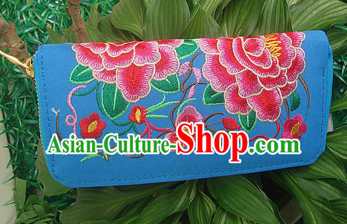 Traditional Chinese Miao Nationality Palace Handmade Double-Sided Embroidery Peony Handbag Wallet Hmong Handmade Embroidery Purse for Women