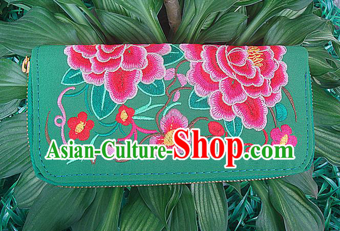 Traditional Chinese Miao Nationality Palace Handmade Double-Sided Embroidery Peony Handbag Wallet Hmong Handmade Embroidery Purse for Women