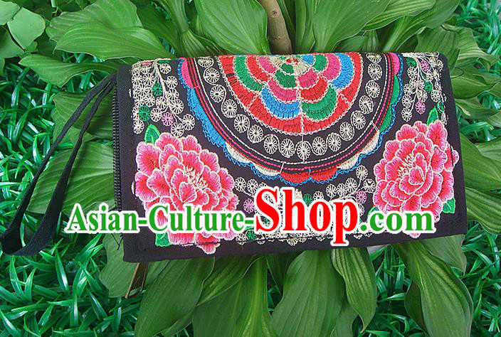 Traditional Chinese Miao Nationality Palace Handmade Double-Sided Embroidery Peony Handbag Wallet Hmong Handmade Embroidery Purse for Women