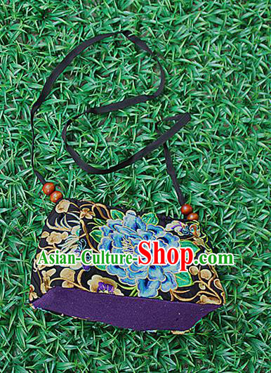 Traditional Chinese Miao Nationality Palace Handmade Double-Sided Embroidery Peony Handbag Hmong Handmade Embroidery Canvas Messenger Bags for Women