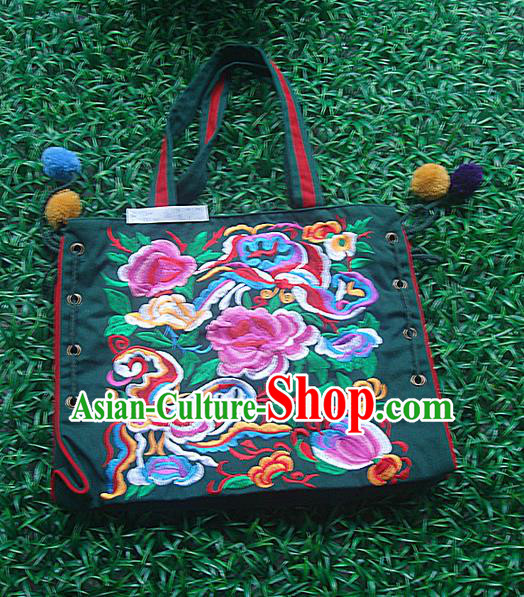 Traditional Chinese Miao Nationality Palace Handmade Single-Sided Embroidery Peony Handbag Hmong Handmade Embroidery Canvas Bags for Women