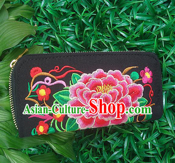 Traditional Chinese Miao Nationality Palace Handmade Double-Sided Embroidery Peony Handbag Wallet Hmong Handmade Embroidery Purse for Women