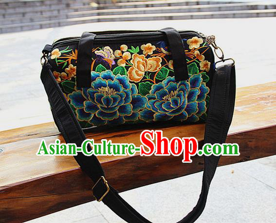 Traditional Chinese Miao Nationality Palace Handmade Four-Sided Embroidery Peony Handbag Hmong Handmade Embroidery Canvas Messenger Bags for Women