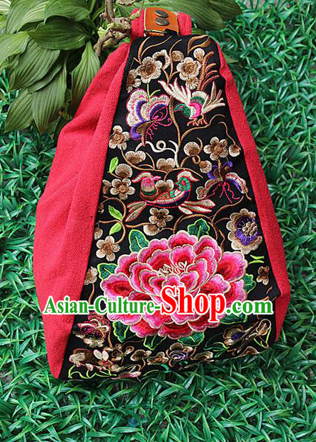 Traditional Chinese Miao Nationality Palace Handmade Single-Sided Embroidery Peony Backpack Hmong Handmade Embroidery Canvas Shoulders Bags for Women