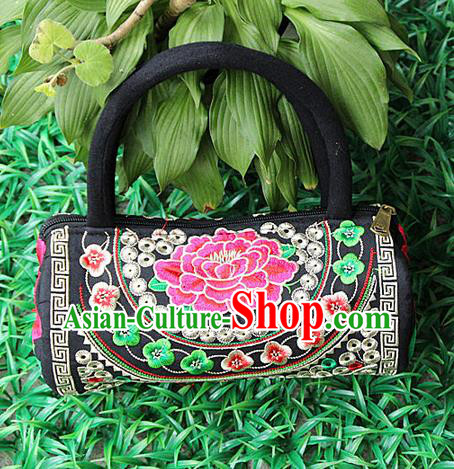 Traditional Chinese Miao Nationality Palace Handmade Four-Sided Embroidery Peony Handbag Hmong Handmade Embroidery Canvas Bags for Women