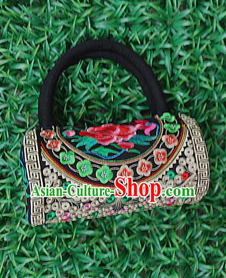 Traditional Chinese Miao Nationality Palace Handmade Four-Sided Embroidery Peony Handbag Hmong Handmade Embroidery Canvas Bags for Women