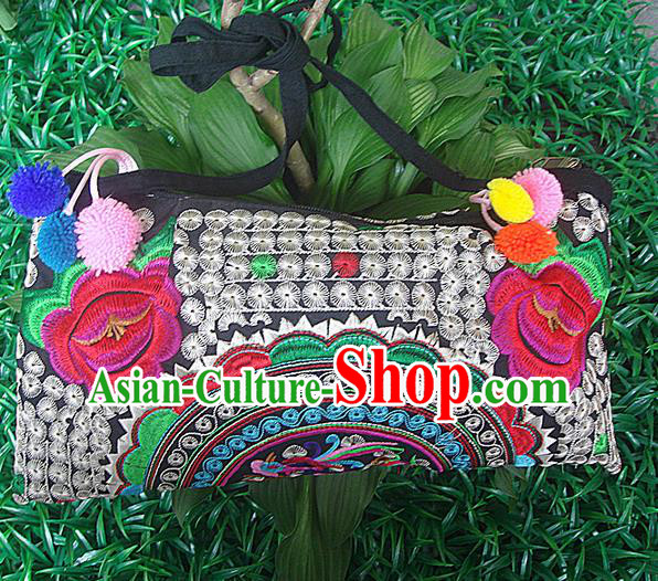 Traditional Chinese Miao Nationality Palace Handmade Double-Sided Embroidery Peony Handbag Hmong Handmade Embroidery Canvas Messenger Bags for Women