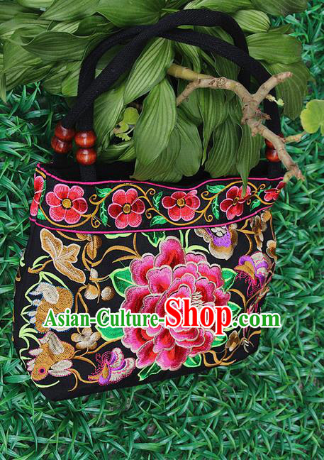 Traditional Chinese Miao Nationality Palace Handmade Double-Sided Embroidery Peony Handbag Hmong Handmade Embroidery Canvas Single Shoulder Bags for Women