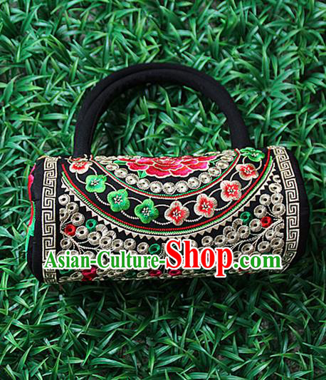 Traditional Chinese Miao Nationality Palace Handmade Four-Sided Embroidery Peony Handbag Hmong Handmade Embroidery Canvas Bags for Women