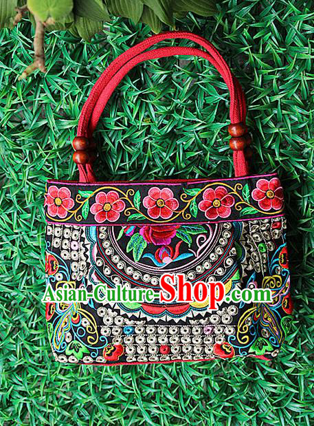 Traditional Chinese Miao Nationality Palace Handmade Double-Sided Embroidery Handbag Hmong Handmade Embroidery Canvas Single Shoulder Bags for Women