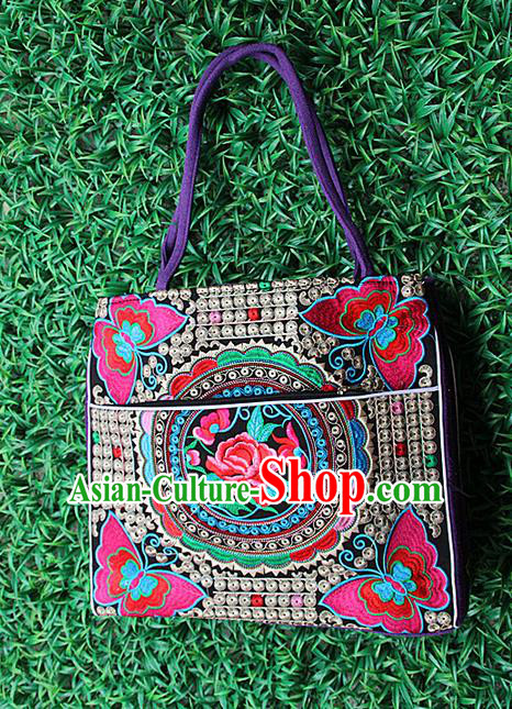 Traditional Chinese Miao Nationality Palace Handmade Single-Sided Embroidery Peony Butterfly Handbag Hmong Handmade Embroidery Canvas Single Shoulder Bags for Women