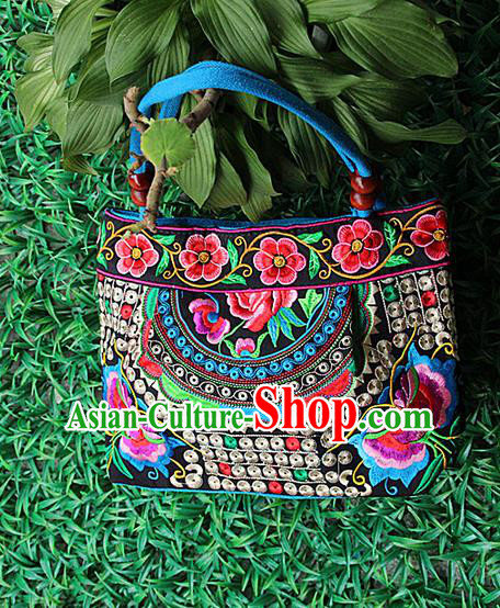 Traditional Chinese Miao Nationality Palace Handmade Double-Sided Embroidery Peony Handbag Hmong Handmade Embroidery Canvas Single Shoulder Bags for Women