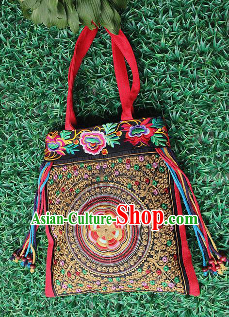 Traditional Chinese Miao Nationality Palace Handmade Single-Sided Embroidery Butterfly Peony Handbag Hmong Handmade Embroidery Canvas Single Shoulder Bags for Women