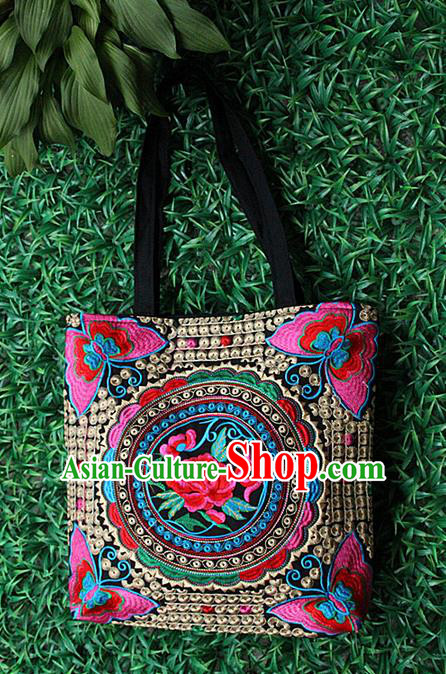 Traditional Chinese Miao Nationality Palace Handmade Single-Sided Embroidery Peony Handbag Hmong Handmade Embroidery Canvas Bags for Women