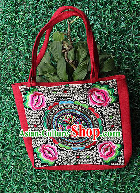 Traditional Chinese Miao Nationality Palace Handmade Single-Sided Embroidery Peony Handbag Hmong Handmade Embroidery Canvas Single Shoulder Bags for Women