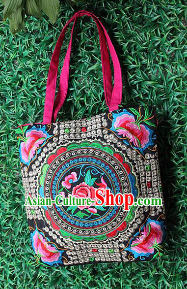 Traditional Chinese Miao Nationality Palace Handmade Single-Sided Embroidery Peony Butterfly Handbag Hmong Handmade Embroidery Canvas Single Shoulder Bags for Women