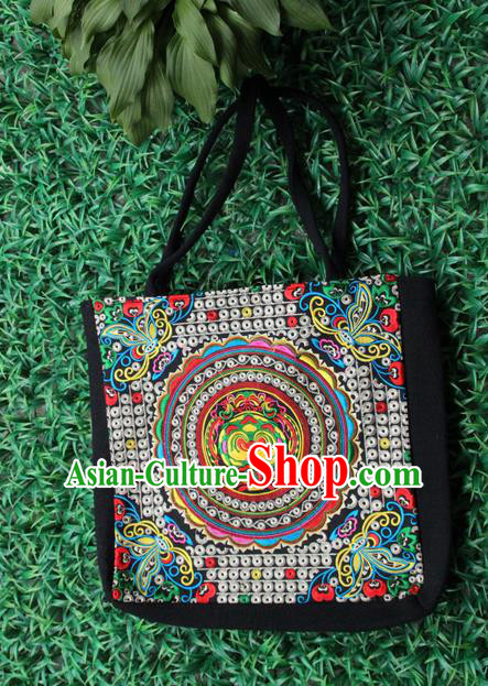 Traditional Chinese Miao Nationality Palace Handmade Single-Sided Embroidery Handbag Hmong Handmade Embroidery Canvas Single Shoulder Bags for Women