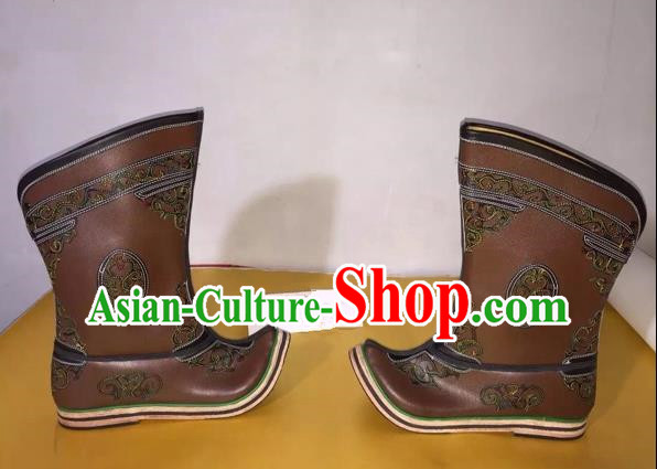 Traditional Chinese Minority Mongol Nationality Ethnic Minorities Mongolian Dance Cowhide Boots, Mongolian Knee Boots Handmade Jockey Boots Tanks Boots for Men