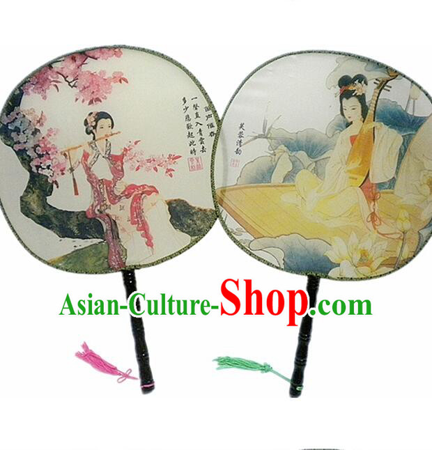 Ancient Chinese Tuan Shan Circular Fan Moon Shaped Fan Stage Property Dance Chinese Painting Ancient Beauty