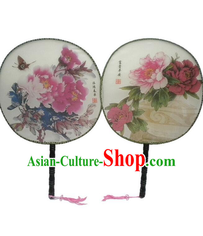 Ancient Chinese Tuan Shan Circular Fan Moon Shaped Fan Stage Property Dance Chinese Painting Flowers