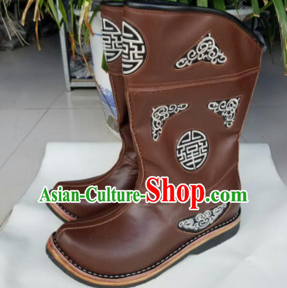 Traditional Chinese Minority Mongol Nationality Ethnic Minorities Mongolian Dance Cowhide Boots, Mongolian Knee Boots Handmade Jockey Boots Tanks Boots for Men