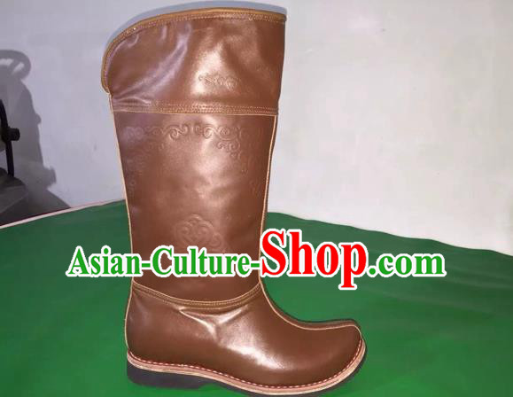 Traditional Chinese Minority Mongol Nationality Ethnic Minorities Mongolian Dance Cowhide Boots, Mongolian Knee Boots Handmade Jockey Boots Tanks Boots for Men