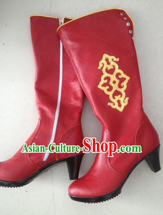 Traditional Chinese Minority Mongol Nationality Ethnic Minorities Mongolian Dance Cowhide Boots Mongolian Knee Boots Jockey Boots Tanks Boots for Women