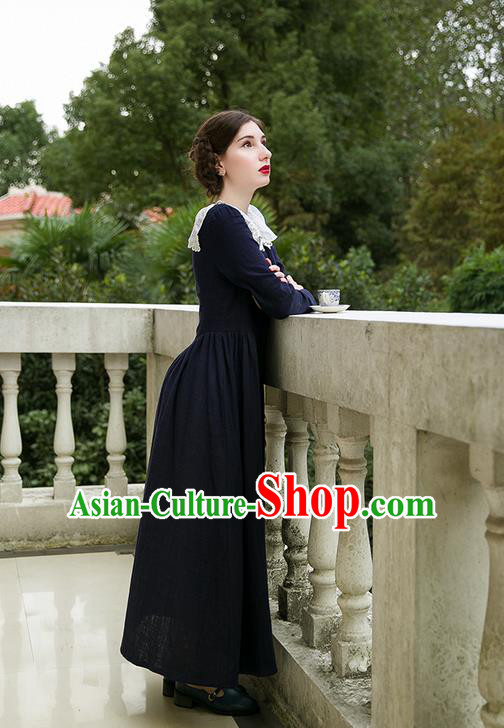 Traditional Classic Women Clothing, Traditional Classic European Manor Literary Yarn Embroidered Collar Dress, Palace Princess Restoring Long Skirt